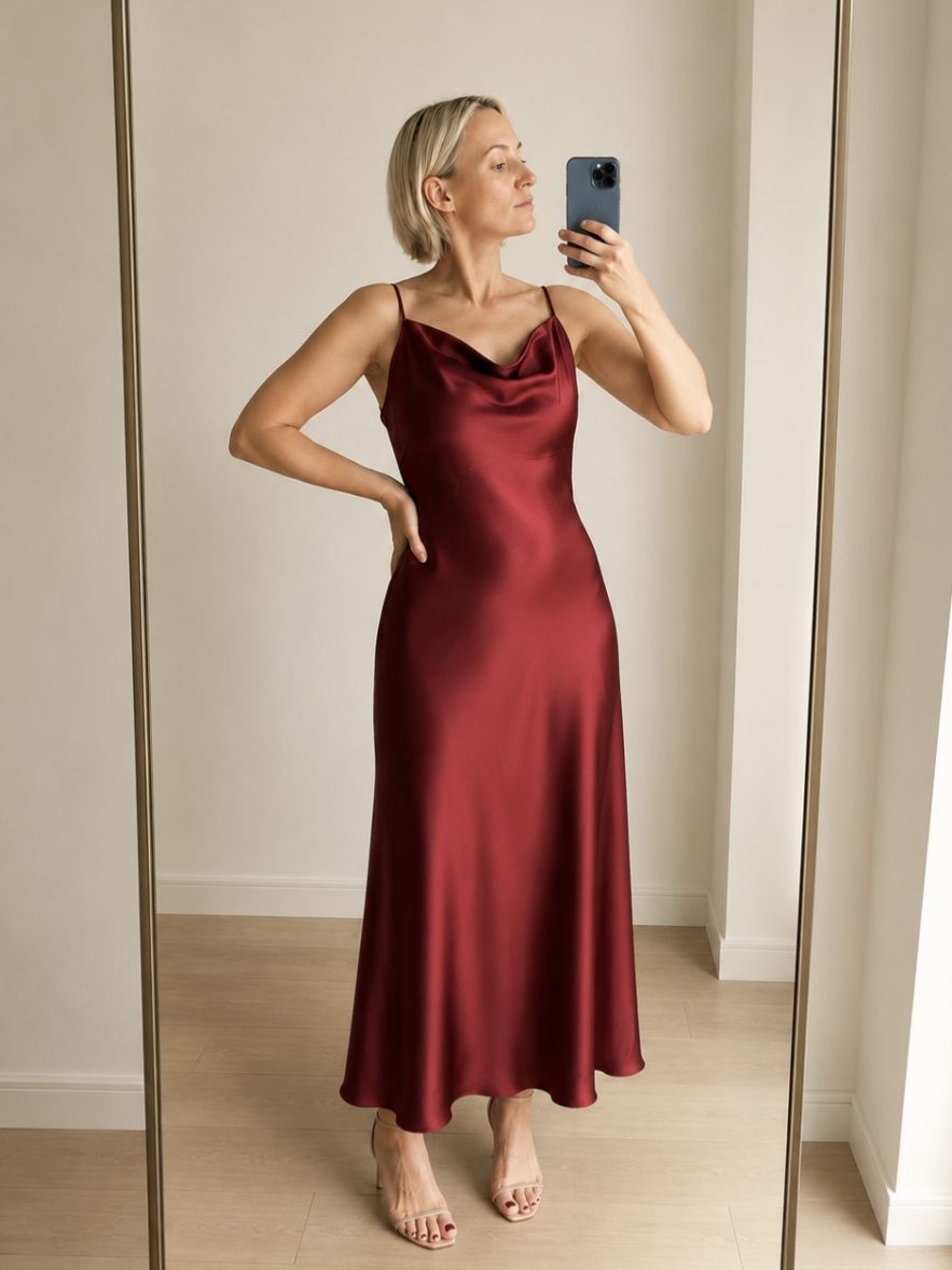 Sukienka bordowa elegancka zwiewna taliowane min z efektem wody THE FEMININE