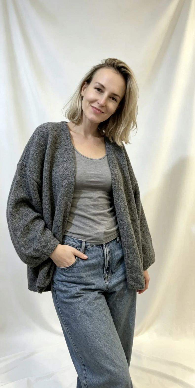 Puchaty oversize cieply luźny sweter kardigan 100% wiskoza szary z szerokim rękawem
