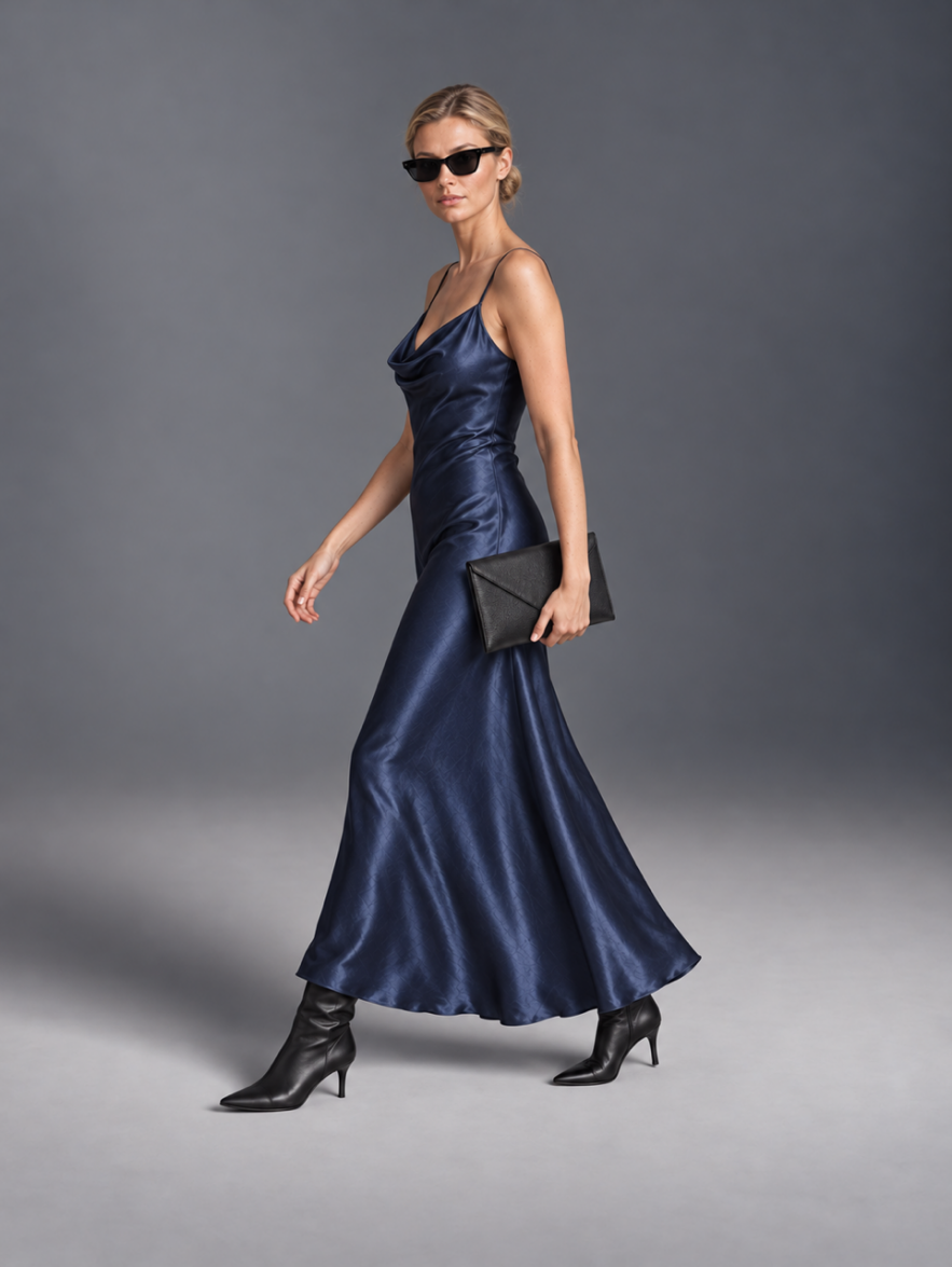 Sukienka granatowa elegancka zwiewna satynowa w dotyku taliowana midi THE FEMININE