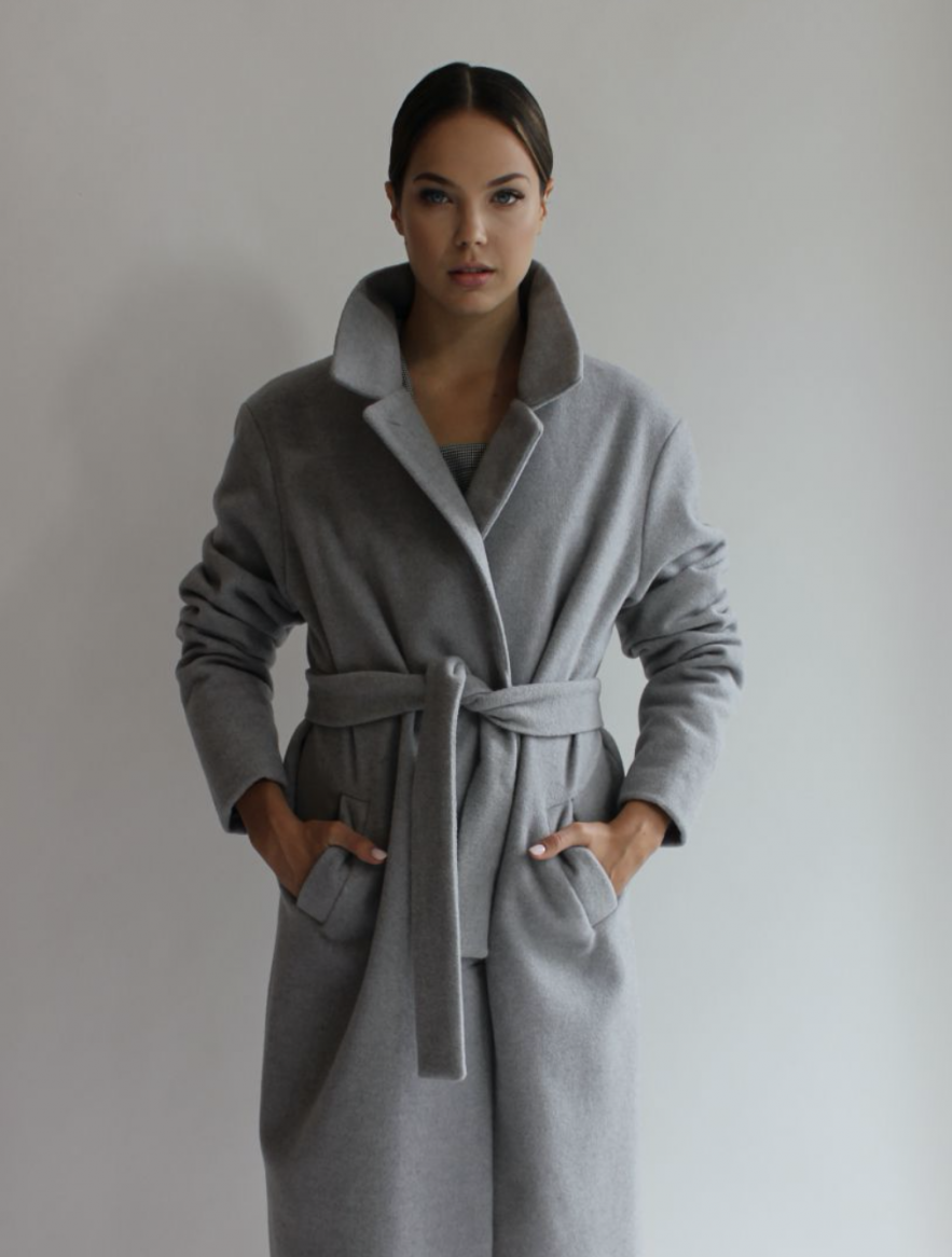 100% WEŁNA Płaszcz SCANDINAVIAN DREAM GREY WOOL z paskiem