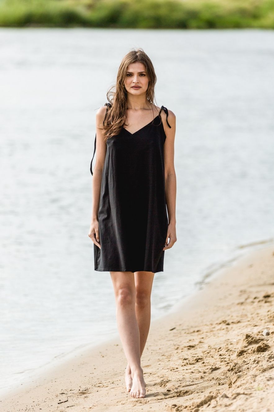 Czarna Bawełniana sukienka przed kolano na ramiączkach SUMMER TIME SHORT