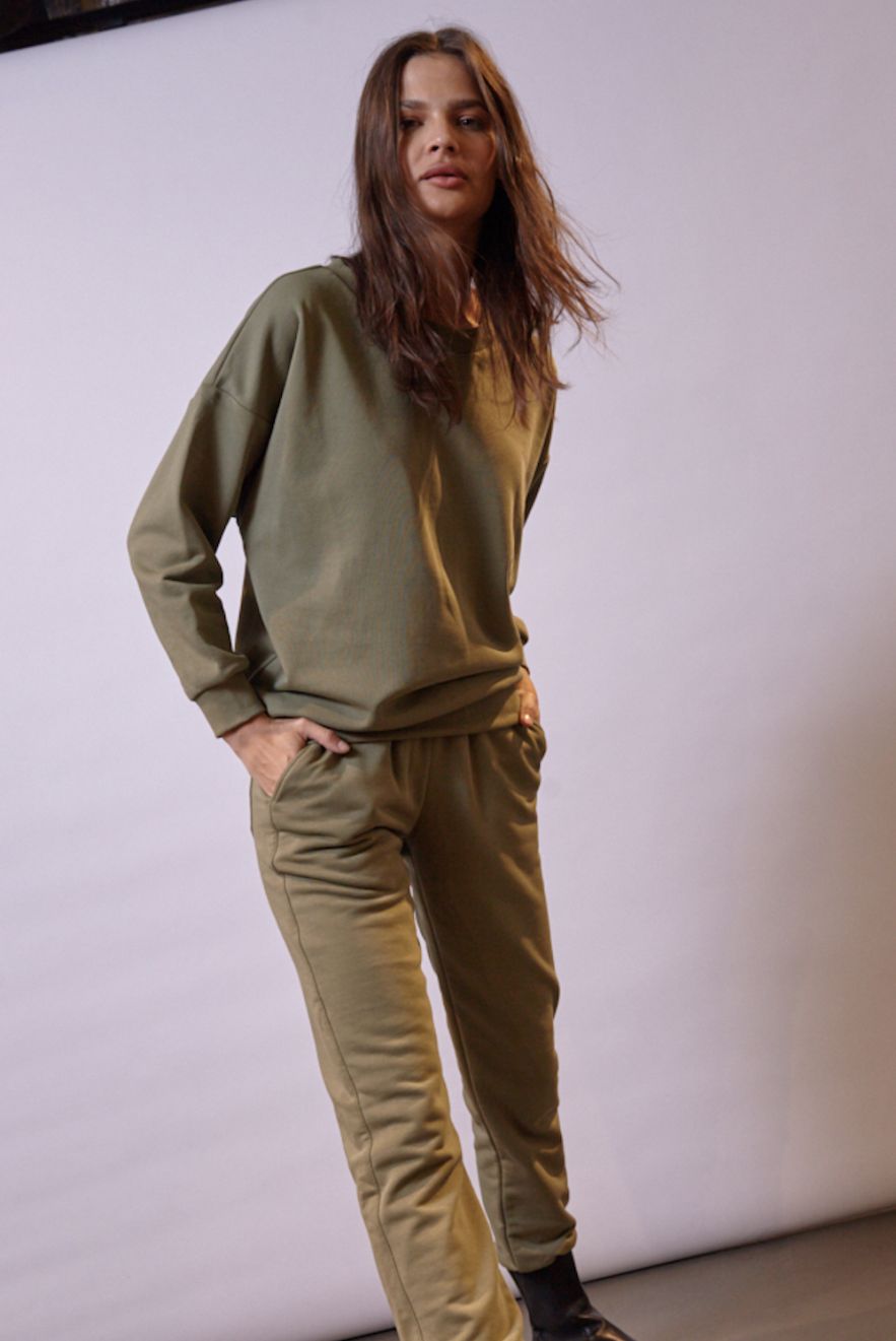 Bawełniany zielony dres z mięsistej bawełny Bluza khaki i spodnie khaki komplet