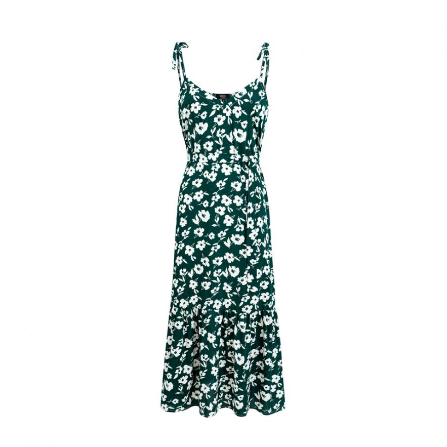 Wiskozowa Zielona Sukienka na ramiączkach w białe kwiaty
