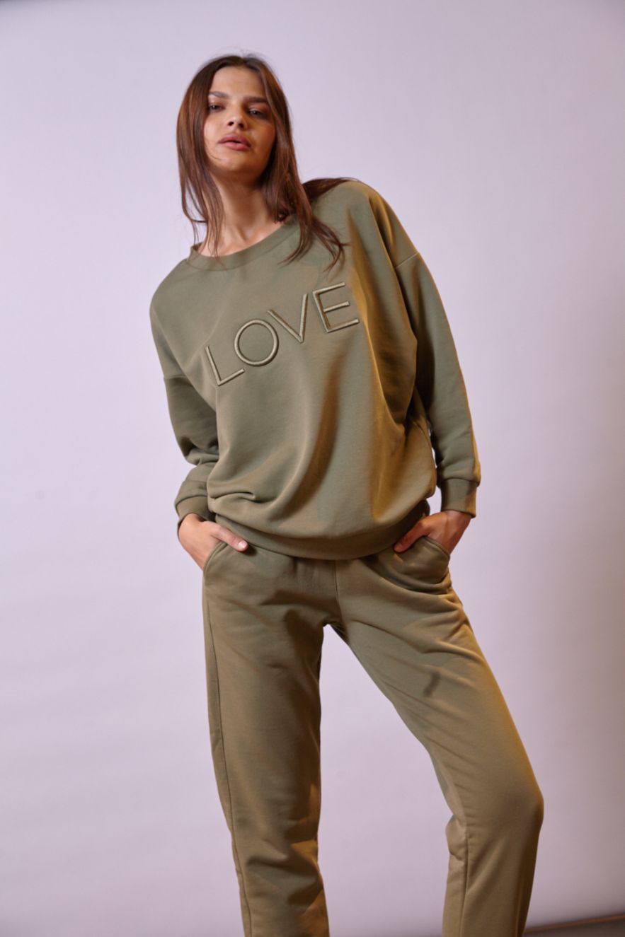 Bawełniana Zielona Bluza z napisem Love khaki 100% bawełna