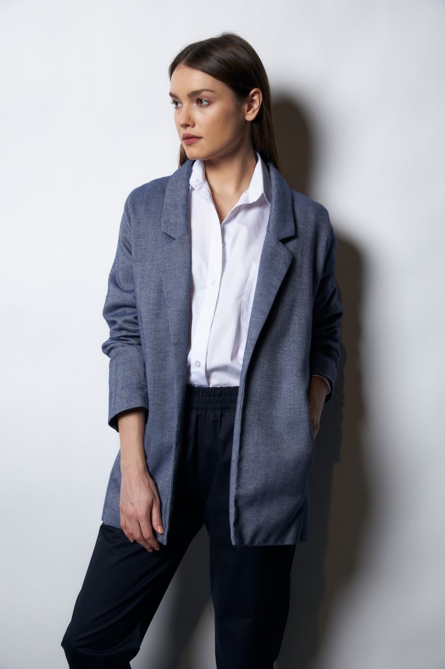 Wełniana Marynarka w błękitną jodełkę LOOSE and ELEGANCE 100% Wełna