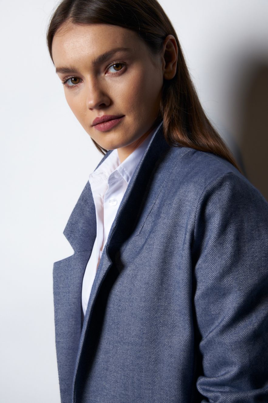 Wełniana Marynarka w błękitną jodełkę LOOSE and ELEGANCE 100% Wełna
