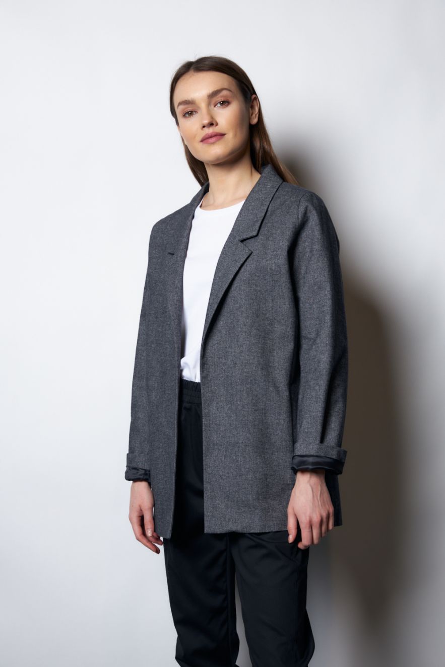 Wełniana Marynarka delikatna jodełka szara LOOSE and ELEGANCE 100% Wełny