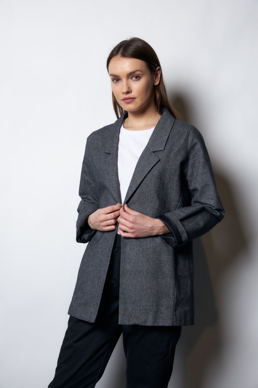 Wełniana Marynarka delikatna jodełka szara LOOSE and ELEGANCE 100% Wełny