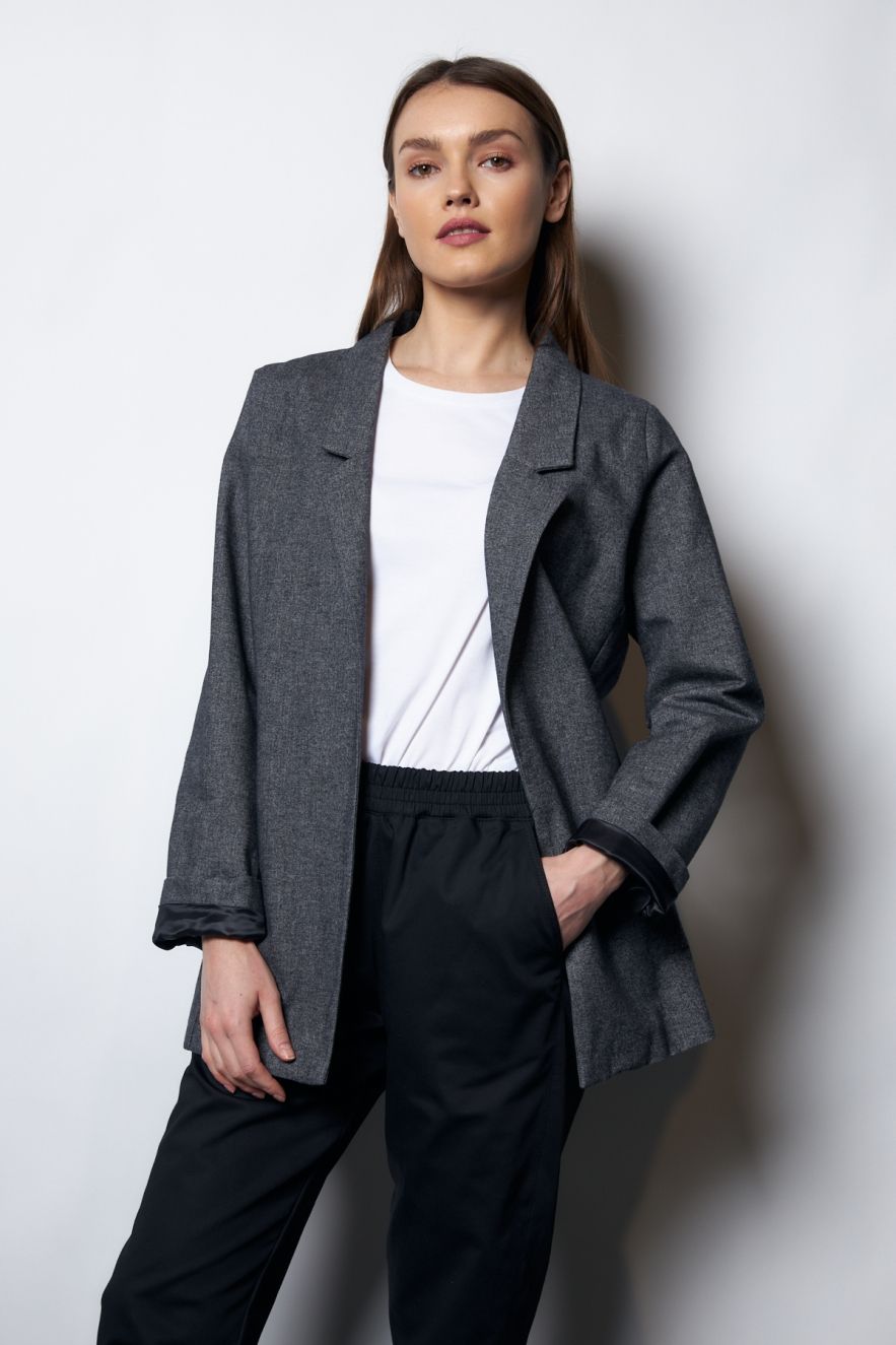 Wełniana Marynarka delikatna jodełka szara LOOSE and ELEGANCE 100% Wełny