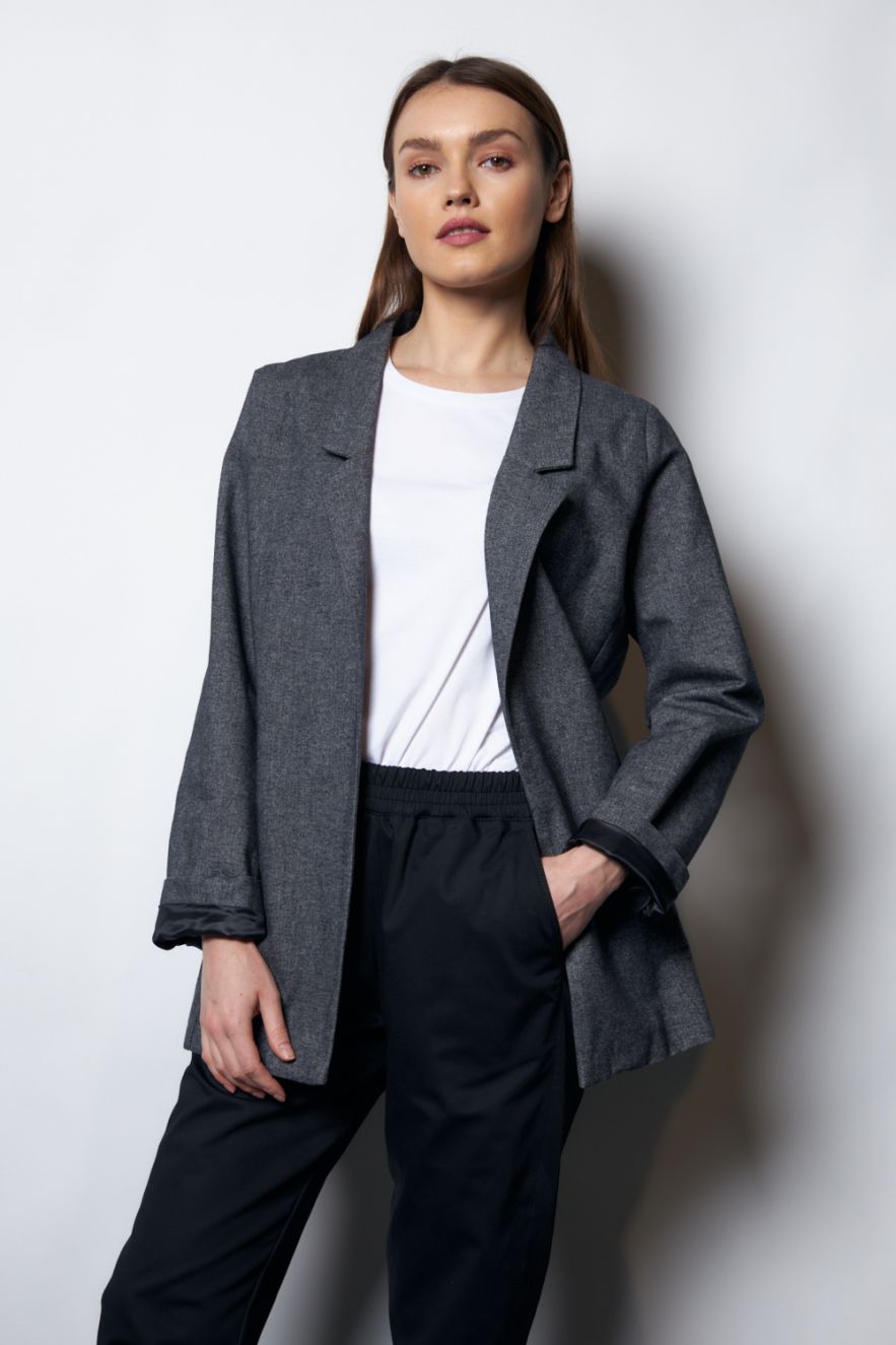 Wełniana Marynarka delikatna jodełka szara LOOSE and ELEGANCE 100% Wełny