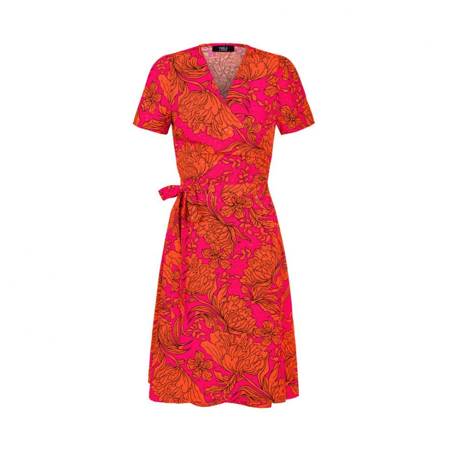 Wiskozowa sukienka kopertowa do kolan w pomarańczowo różowe kwiaty
