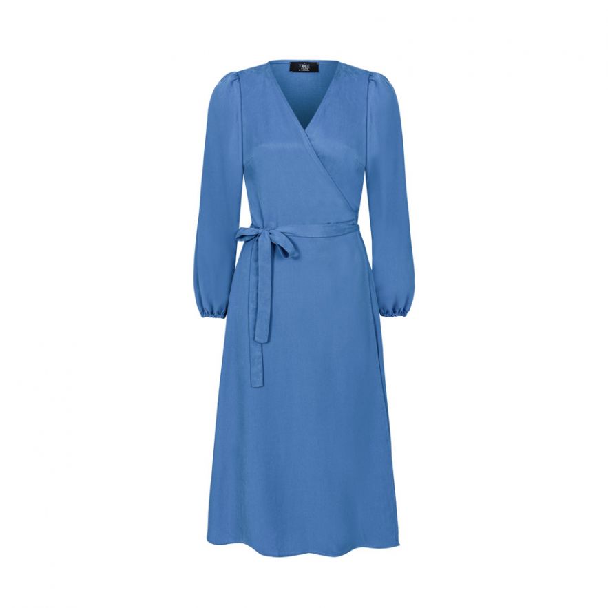 Błękitna niebieska sukienka kopertowa z paskiem z długim rękawem z tencelu 