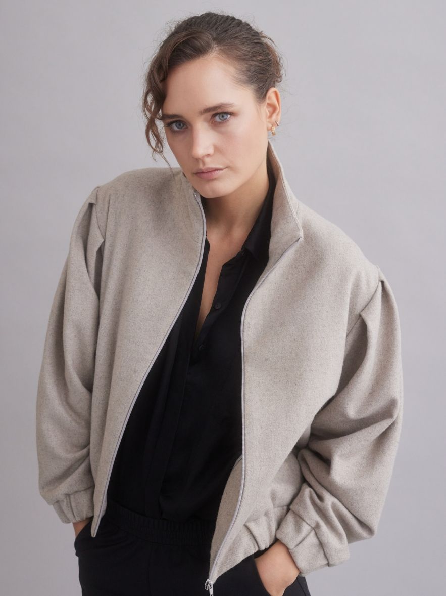 100% WEŁNIANA Kurtka BOMBER ASPEN LOOK melanżowy beż z bardzo szerokim rękawem bufką