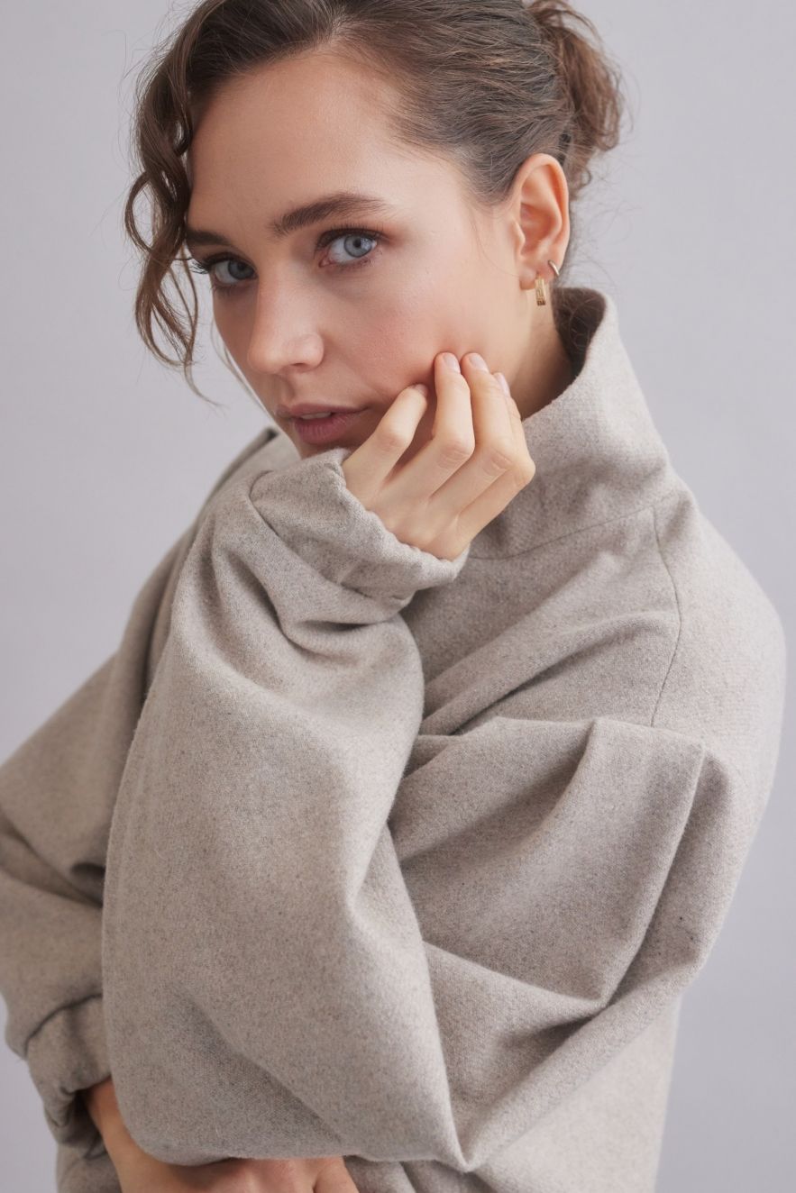 100% WEŁNIANA Kurtka BOMBER ASPEN LOOK melanżowy beż z bardzo szerokim rękawem bufką