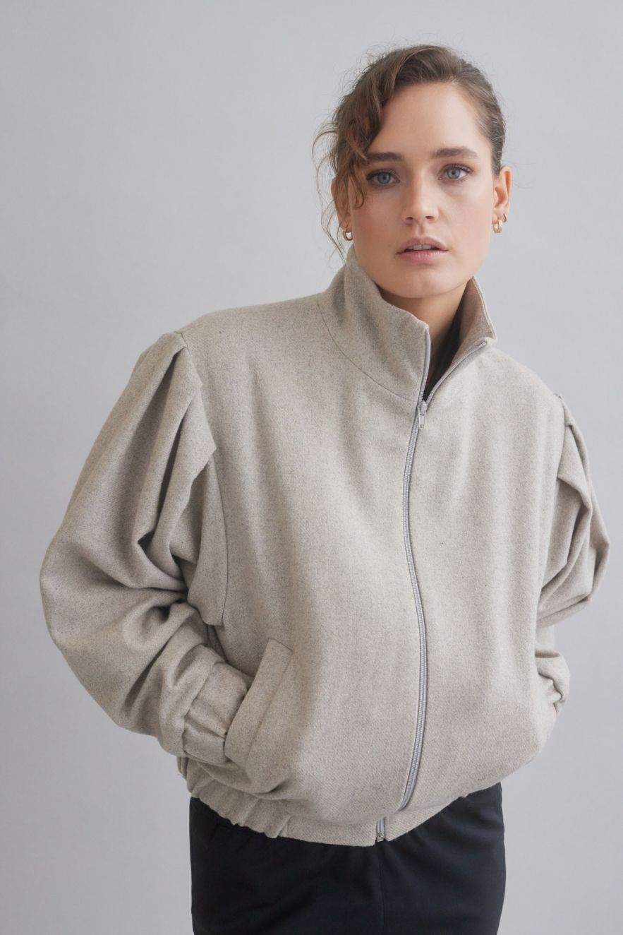 100% WEŁNIANA Kurtka BOMBER ASPEN LOOK melanżowy beż z bardzo szerokim rękawem bufką