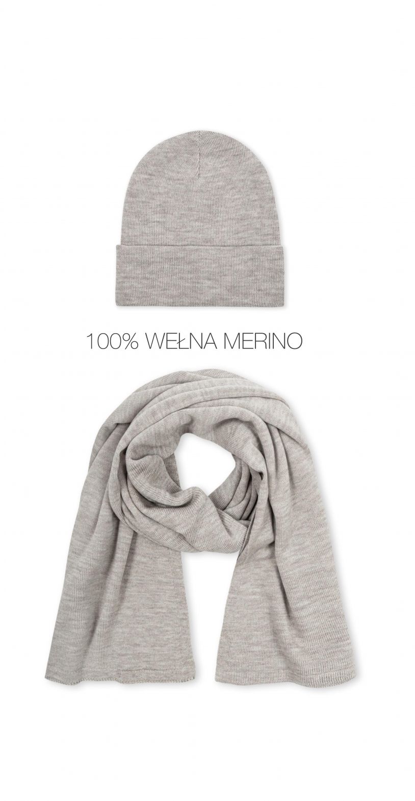 Komplet 100% Merino Wełniana Czapka i Wełniany Zimowy SZAL merino unisex Beż melanż