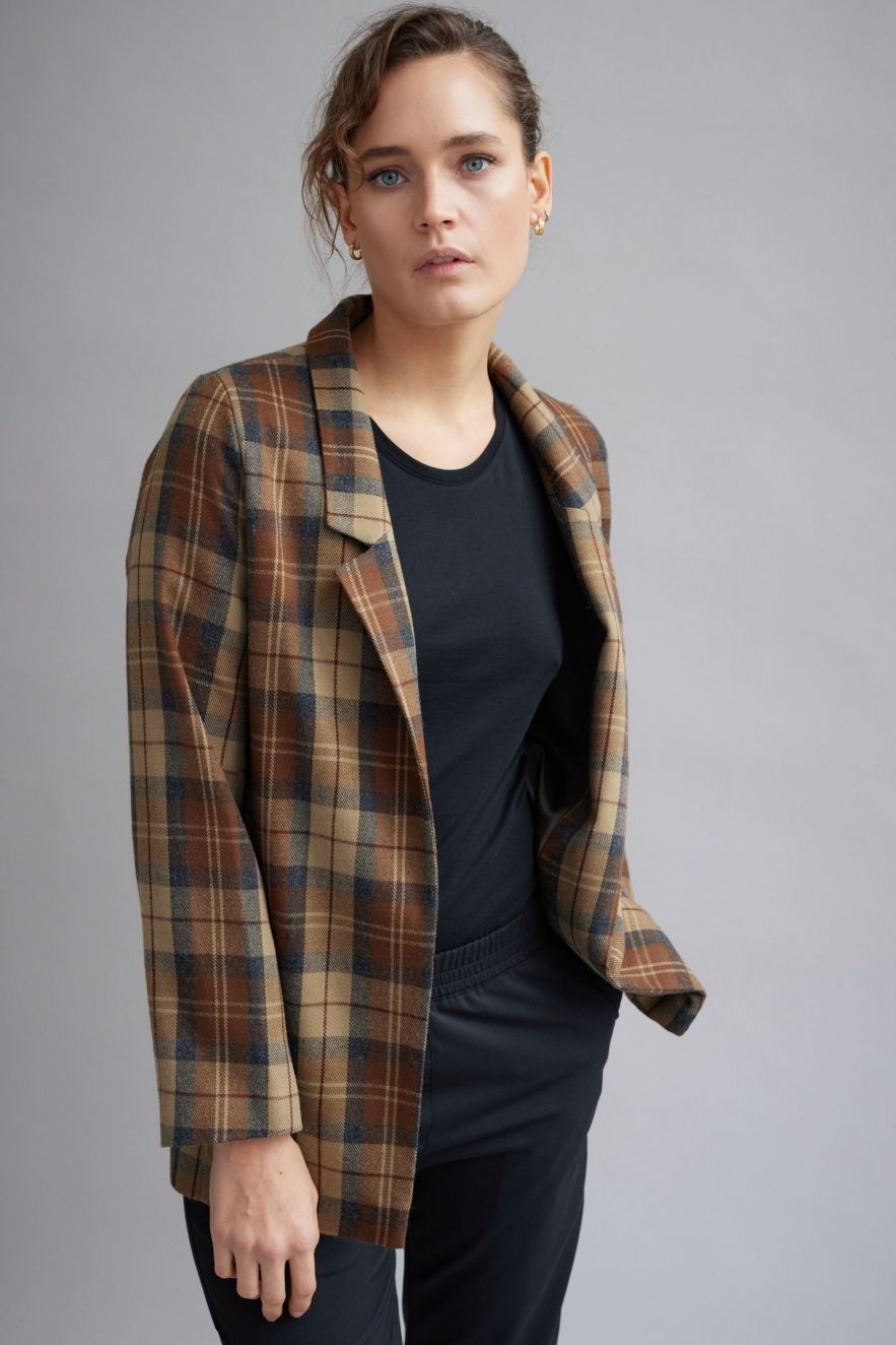 wełniana luźna niezapinana Marynarka 100% wełny w kratę rudawo brązową Loose & Elegance