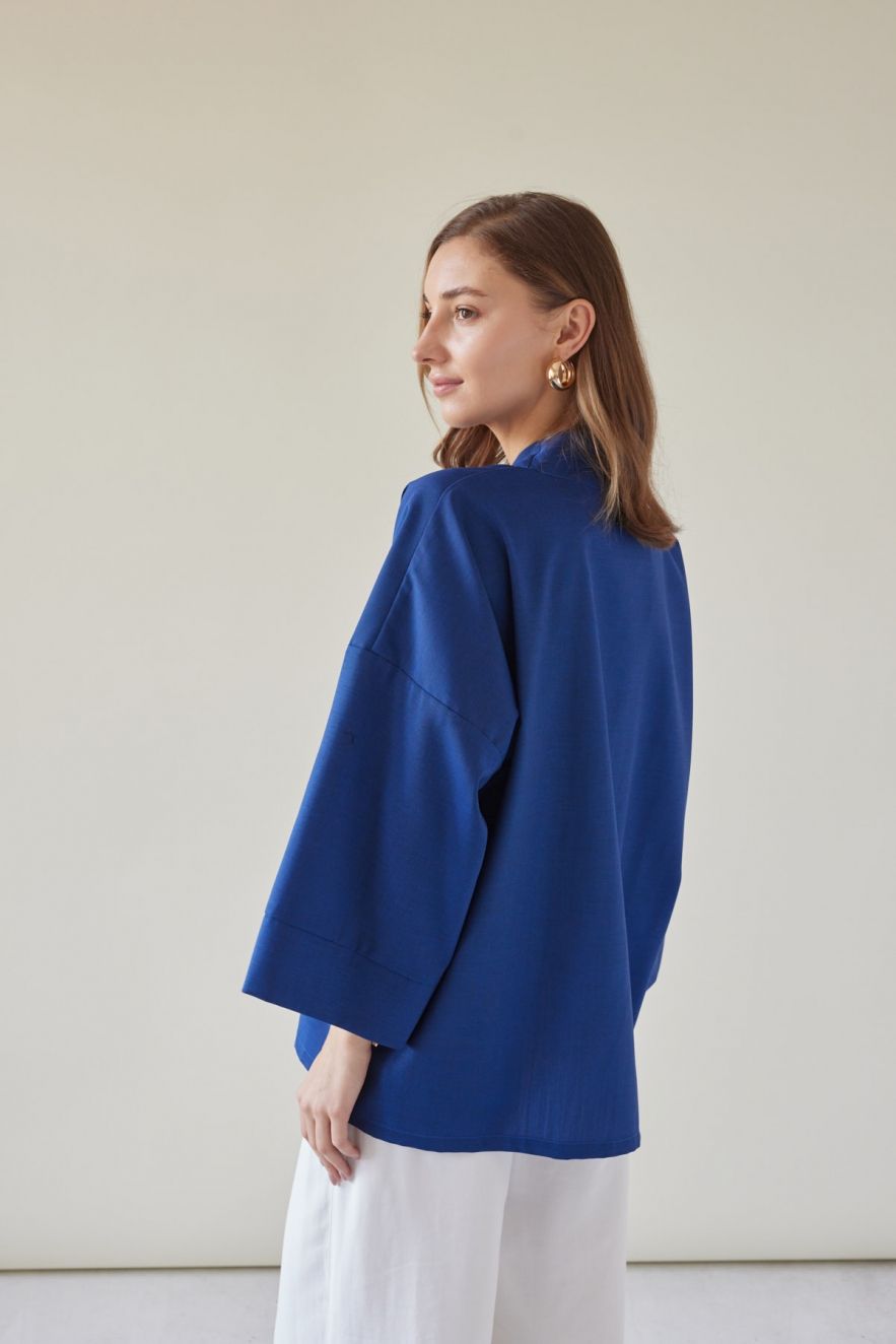 Wełniane kimono niebieskie z paskiem dodatkowym len 100% 