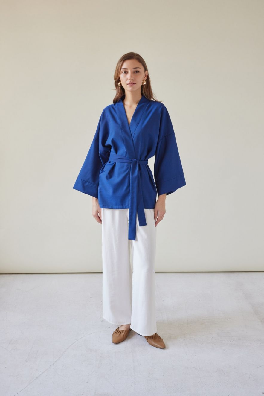 Wełniane kimono niebieskie z paskiem dodatkowym len 100% 