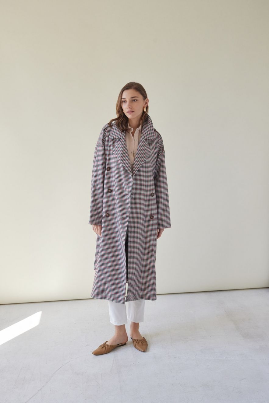 Oversizeowy stylowy przejsciowy Płaszcz wełna 100% z pagonami oversize w kratkę pepitkę brąz czerwień czerń 