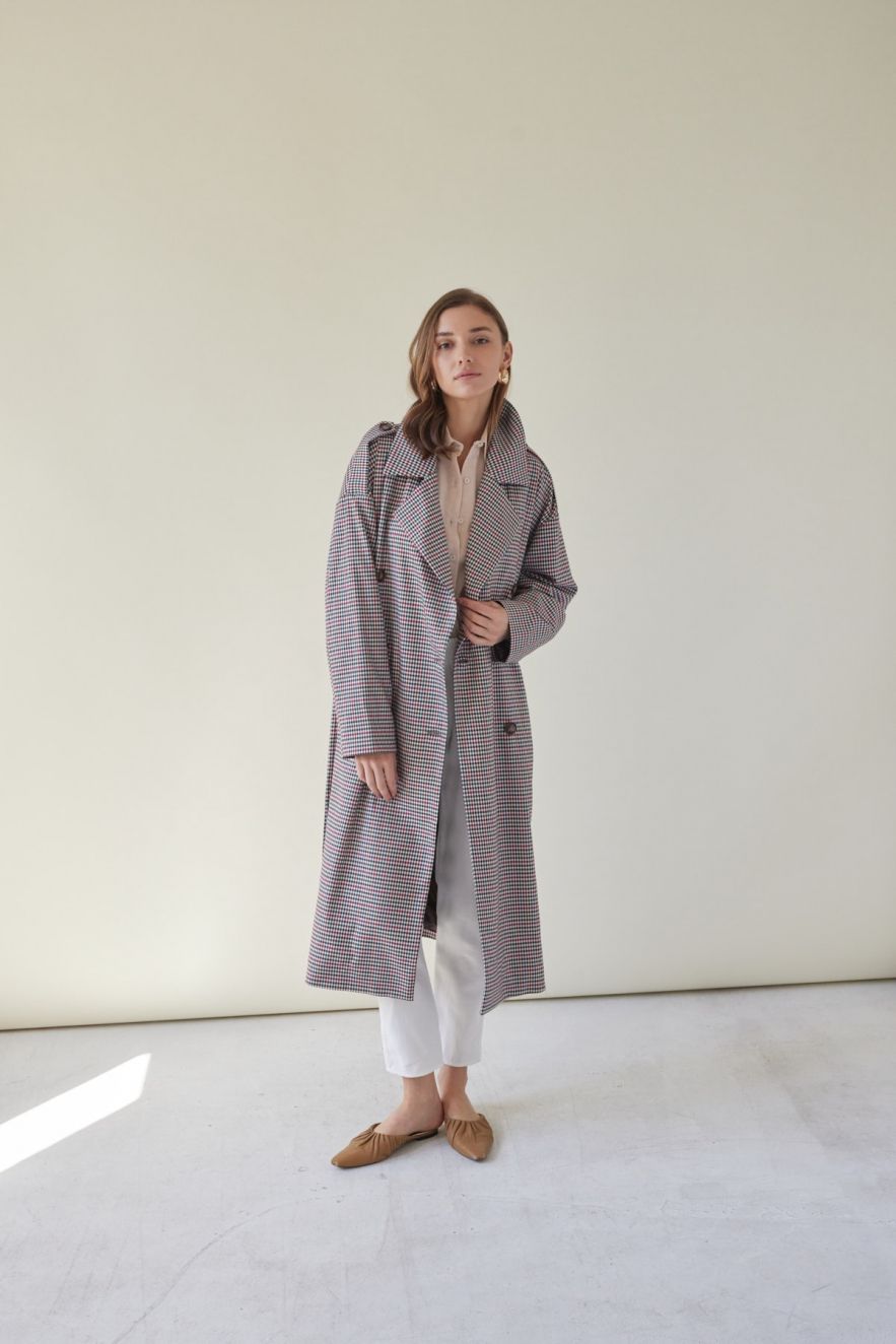 Oversizeowy stylowy przejsciowy Płaszcz wełna 100% z pagonami oversize w kratkę pepitkę brąz czerwień czerń 