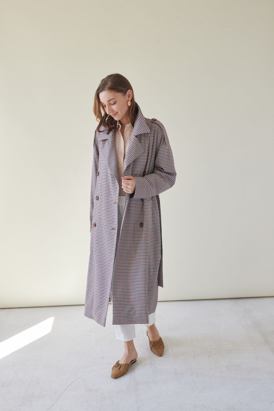 Oversizeowy stylowy przejsciowy Płaszcz wełna 100% z pagonami oversize w kratkę pepitkę brąz czerwień czerń 