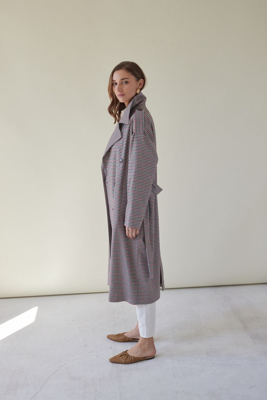 Oversizeowy stylowy przejsciowy Płaszcz wełna 100% z pagonami oversize w kratkę pepitkę brąz czerwień czerń 