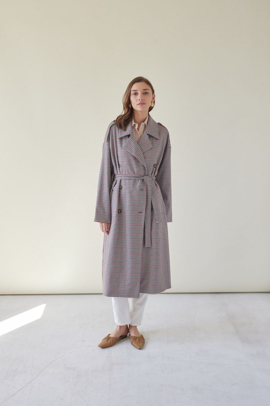 Oversizeowy stylowy przejsciowy Płaszcz wełna 100% z pagonami oversize w kratkę pepitkę brąz czerwień czerń 