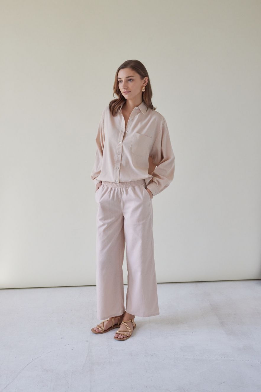 Beżowe lniane długie spodnie szerokie palazzo culottes BEIGE Len 100%