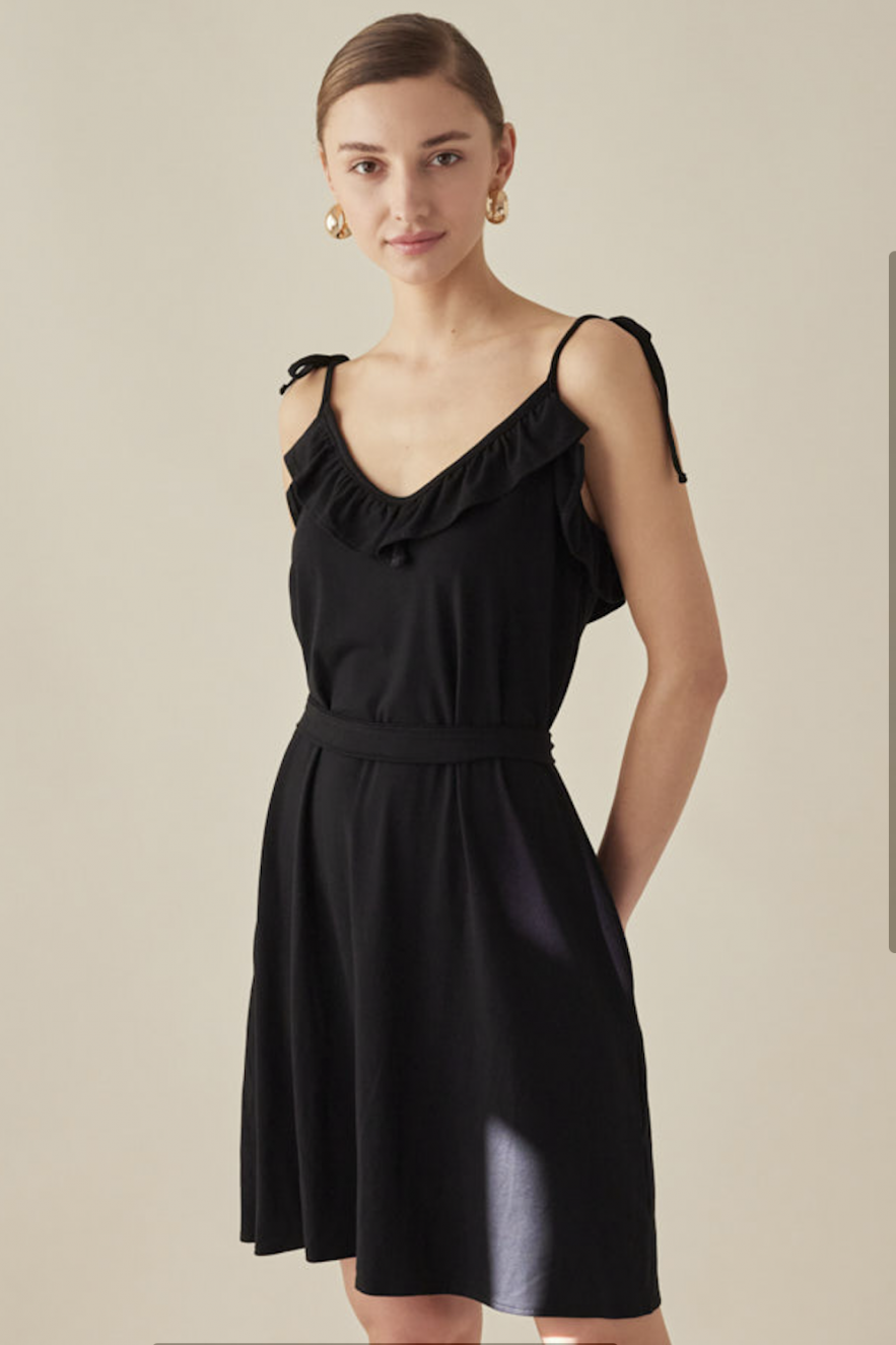 Bawełniana czarna sukienka z dekoltem w serek na ramiączkach do kolan